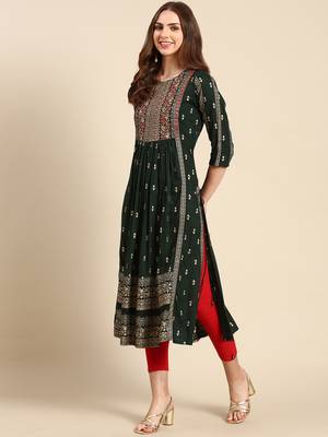 women's calf length round neck green embellished anarkali kurta 4