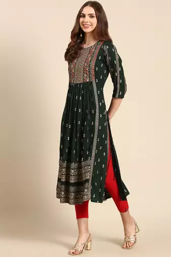 women's calf length round neck green embellished anarkali kurta