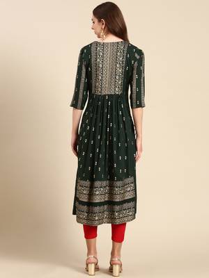 women's calf length round neck green embellished anarkali kurta 5