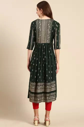 women's calf length round neck green embellished anarkali kurta