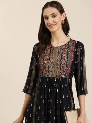 women's calf length round neck navy blue ethnic motifs a-line kurta 1