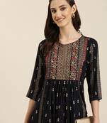women's calf length round neck navy blue ethnic motifs a-line kurta