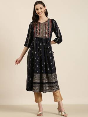 women's calf length round neck navy blue ethnic motifs a-line kurta 2