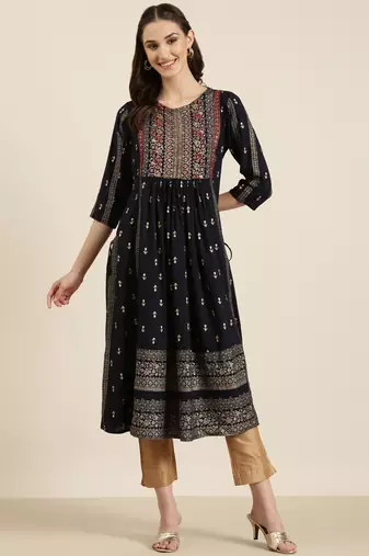 women's calf length round neck navy blue ethnic motifs a-line kurta