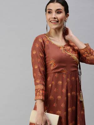 women's ankle length v-neck rust floral anarkali kurta 1