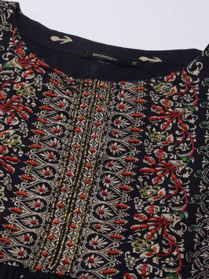 women's calf length round neck navy blue ethnic motifs a-line kurta 3