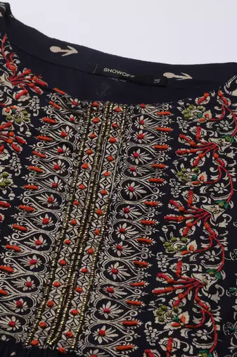 women's calf length round neck navy blue ethnic motifs a-line kurta