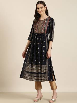 women's calf length round neck navy blue ethnic motifs a-line kurta 4
