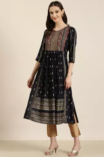 women's calf length round neck navy blue ethnic motifs a-line kurta