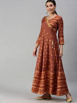 women's ankle length v-neck rust floral anarkali kurta 2