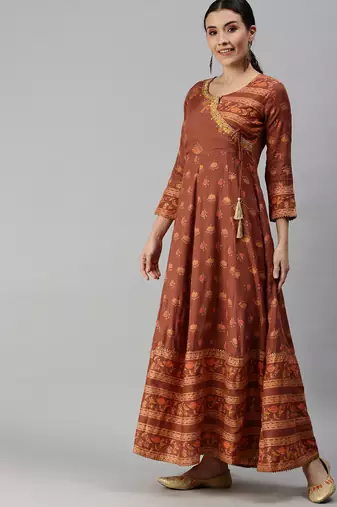 women's ankle length v-neck rust floral anarkali kurta