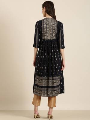 women's calf length round neck navy blue ethnic motifs a-line kurta 5