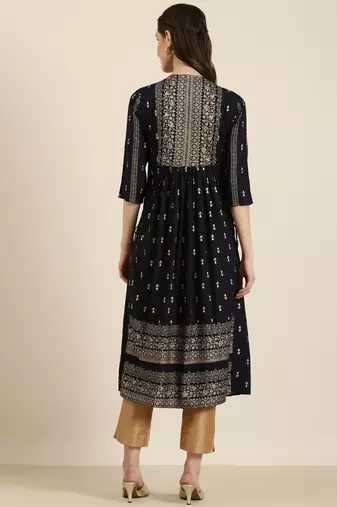 women's calf length round neck navy blue ethnic motifs a-line kurta