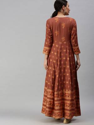 women's ankle length v-neck rust floral anarkali kurta 3