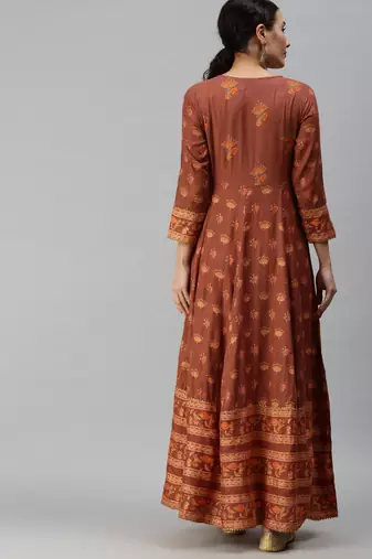 women's ankle length v-neck rust floral anarkali kurta