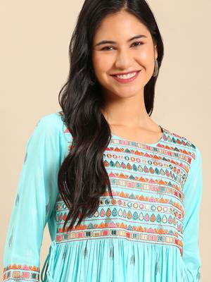 women's calf length round neck blue abstract a-line kurta 1