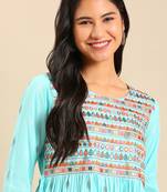women's calf length round neck blue abstract a-line kurta