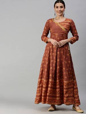 women's ankle length v-neck rust floral anarkali kurta 4