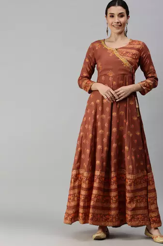 women's ankle length v-neck rust floral anarkali kurta