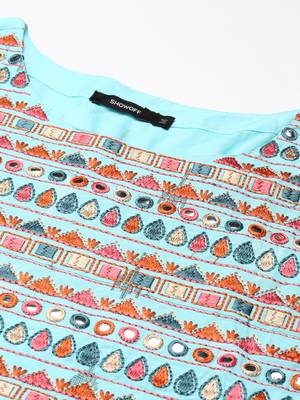 women's calf length round neck blue abstract a-line kurta 2