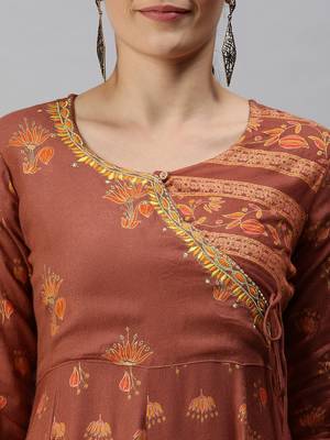 women's ankle length v-neck rust floral anarkali kurta 5