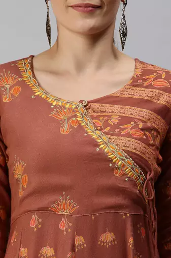 women's ankle length v-neck rust floral anarkali kurta