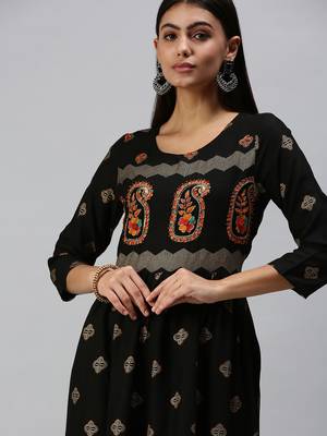 women's calf length round neck black paisley straight kurta 1
