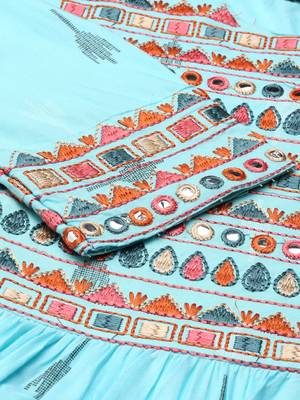 women's calf length round neck blue abstract a-line kurta 3