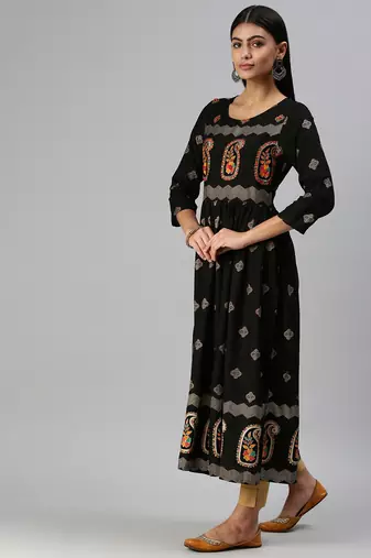 women's calf length round neck black paisley straight kurta