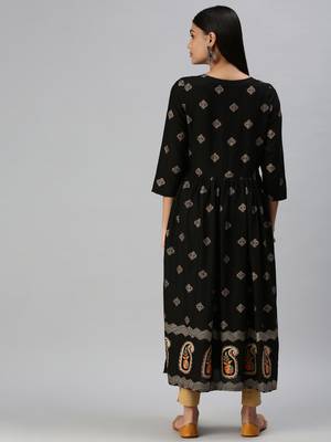 women's calf length round neck black paisley straight kurta 3