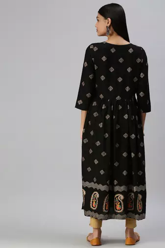 women's calf length round neck black paisley straight kurta