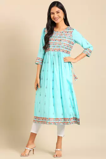 women's calf length round neck blue abstract a-line kurta