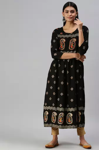 women's calf length round neck black paisley straight kurta