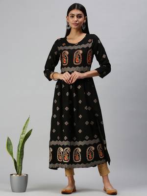 women's calf length round neck black paisley straight kurta 5