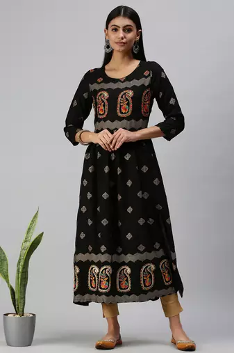 women's calf length round neck black paisley straight kurta