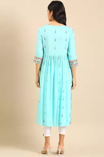 women's calf length round neck blue abstract a-line kurta