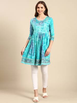 women's knee length round neck turquoise blue abstract anarkali kurta 1
