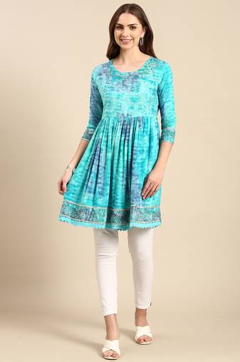 women's knee length round neck turquoise blue abstract anarkali kurta
