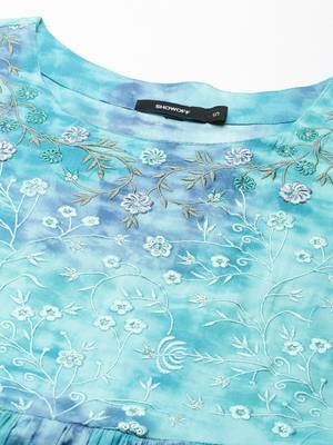 women's knee length round neck turquoise blue abstract anarkali kurta 3