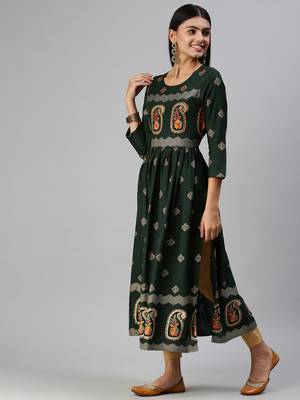 women's calf length round neck green paisley straight kurta 2