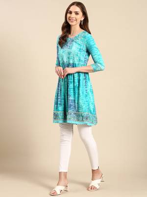 women's knee length round neck turquoise blue abstract anarkali kurta 5