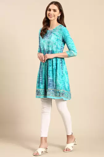women's knee length round neck turquoise blue abstract anarkali kurta