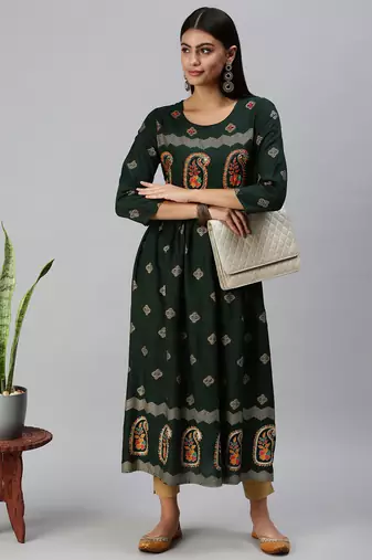 women's calf length round neck green paisley straight kurta