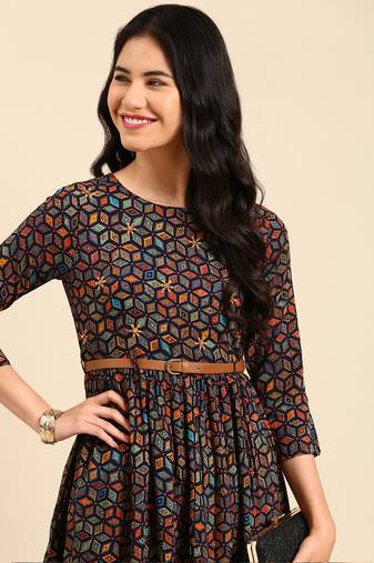 Showoff women's above knee round neck navy blue geometric anarkali kurta