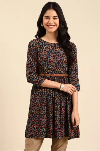Showoff women's above knee round neck navy blue geometric anarkali kurta