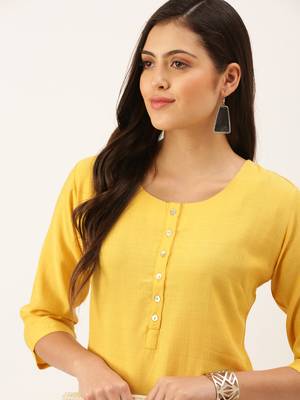 women's calf length round neck mustard solid straight kurta 1