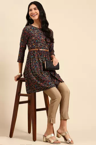 Showoff women's above knee round neck navy blue geometric anarkali kurta