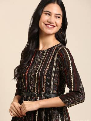 women's above knee round neck black tribal anarkali kurta 1
