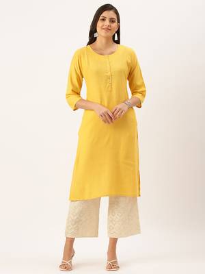 women's calf length round neck mustard solid straight kurta 2