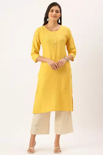 women's calf length round neck mustard solid straight kurta